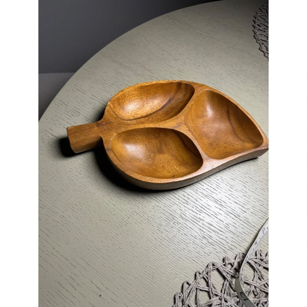 Vintage Monkey Pod Wood Leaf Serving Tray 3 Compartment Nut Candy Dish
